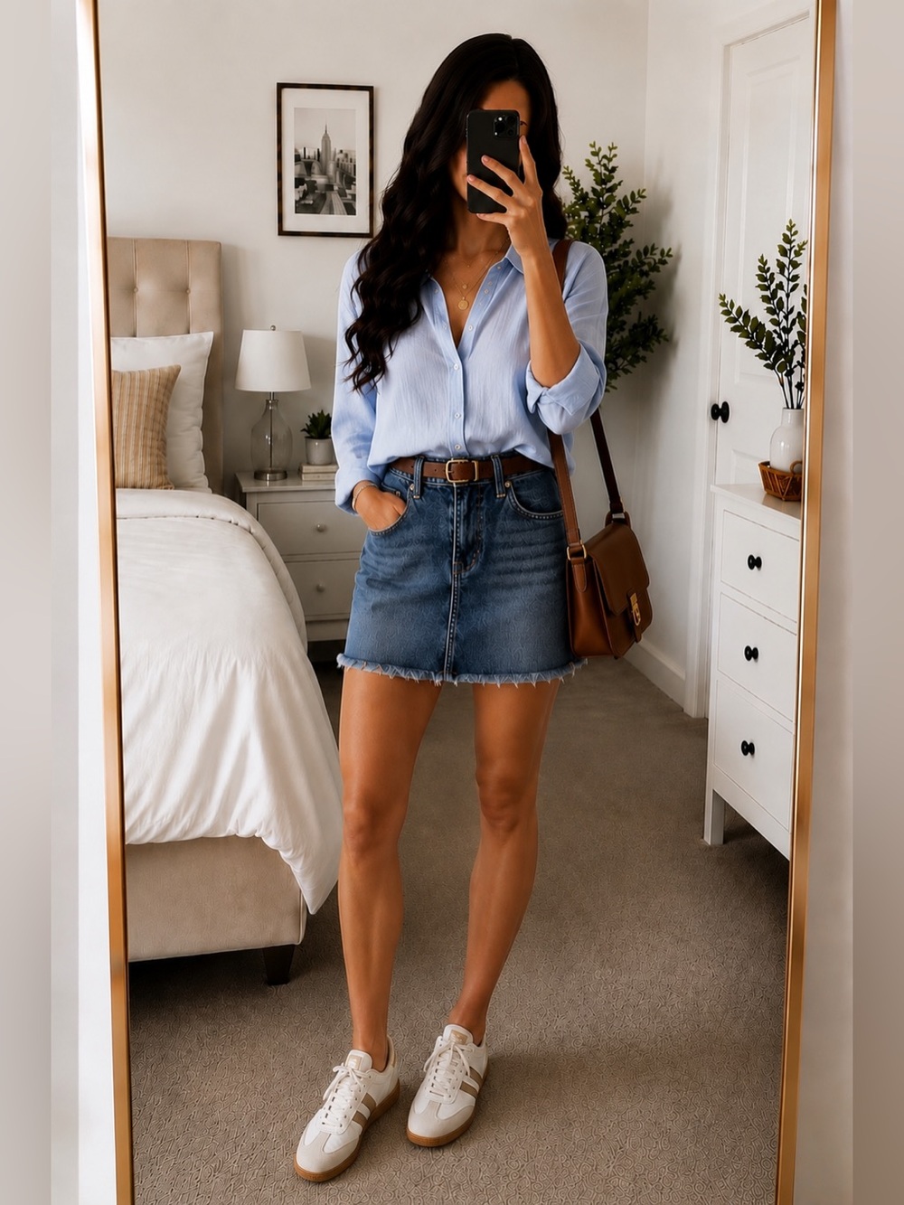 White House Black Market Denim Mini Skirt Size 4 Medium Wash Raw Hem Stretch
